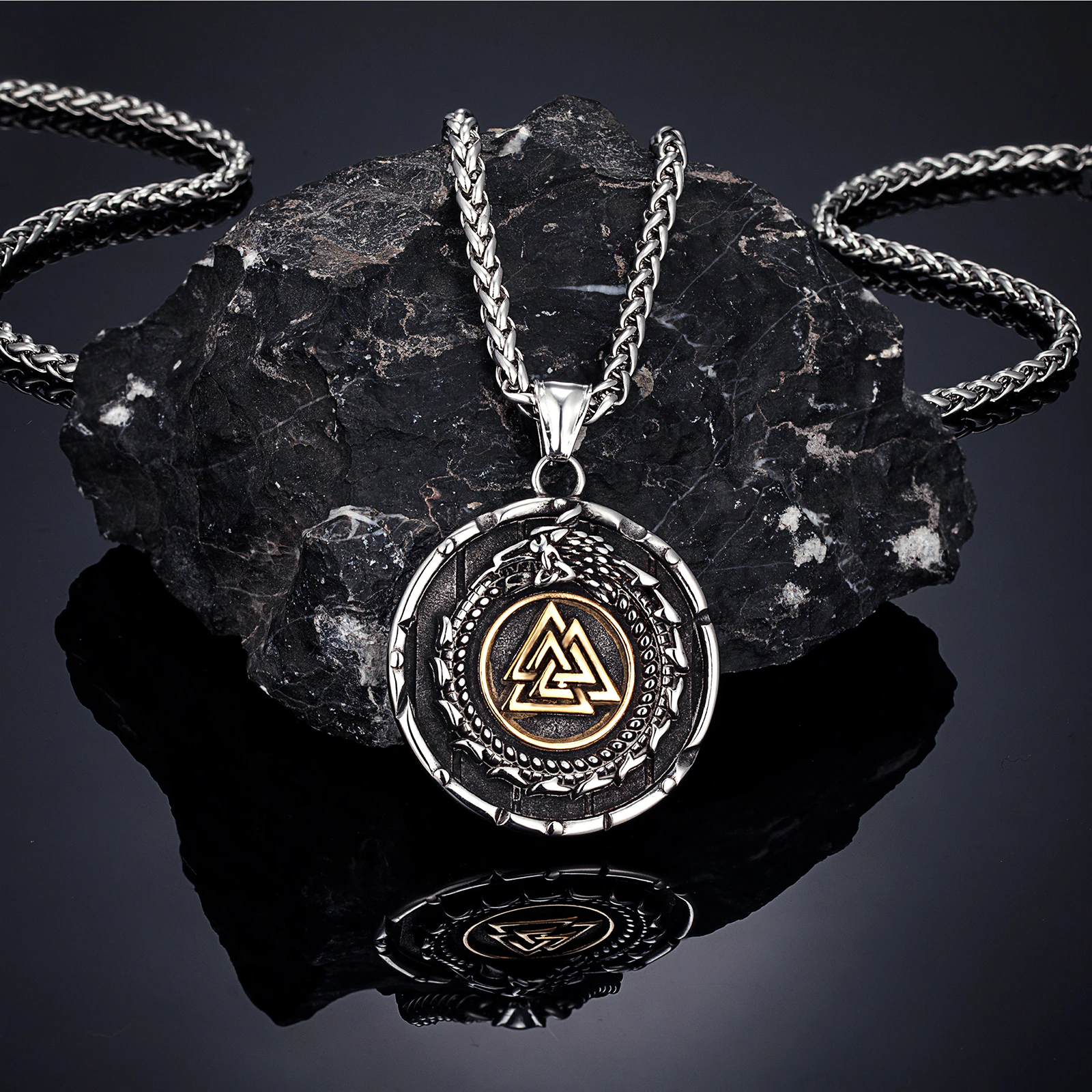 Amulette-viking-valknut-dragon-or Amulette viking Valknut dorée