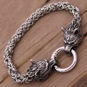 Bracelet viking tête loup en acier inoxydable