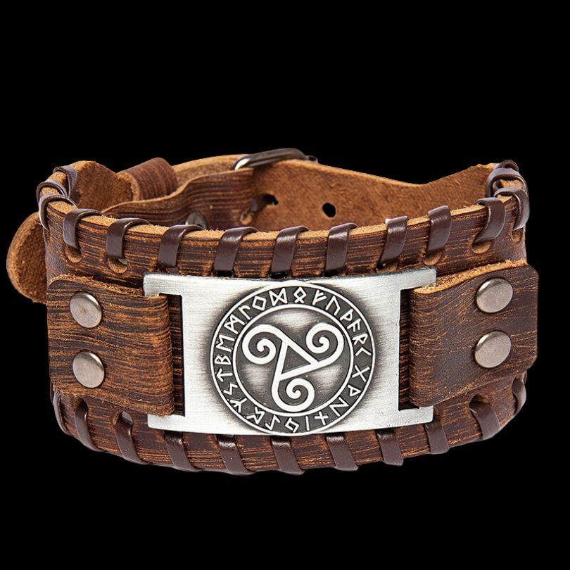 Bracelet viking Triskell en cuir nordique marron et argenté Bracelet viking Triskell en cuir nordique marron et argenté