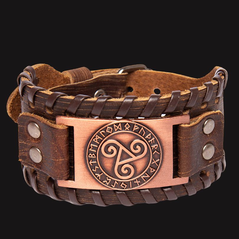 Bracelet viking Triskell en cuir nordique marron et bronze Bracelet viking Triskell en cuir nordique marron et bronze