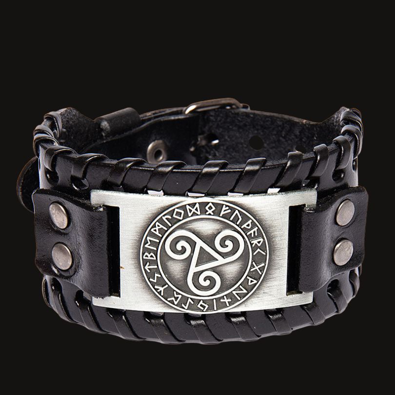 Bracelet viking Triskell en cuir nordique noir et argenté Bracelet viking Triskell en cuir nordique noir et argenté