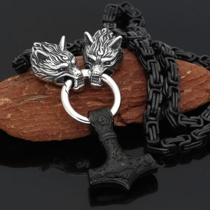 Collier viking Fenrir noir avec son pendentif Mjöllnir