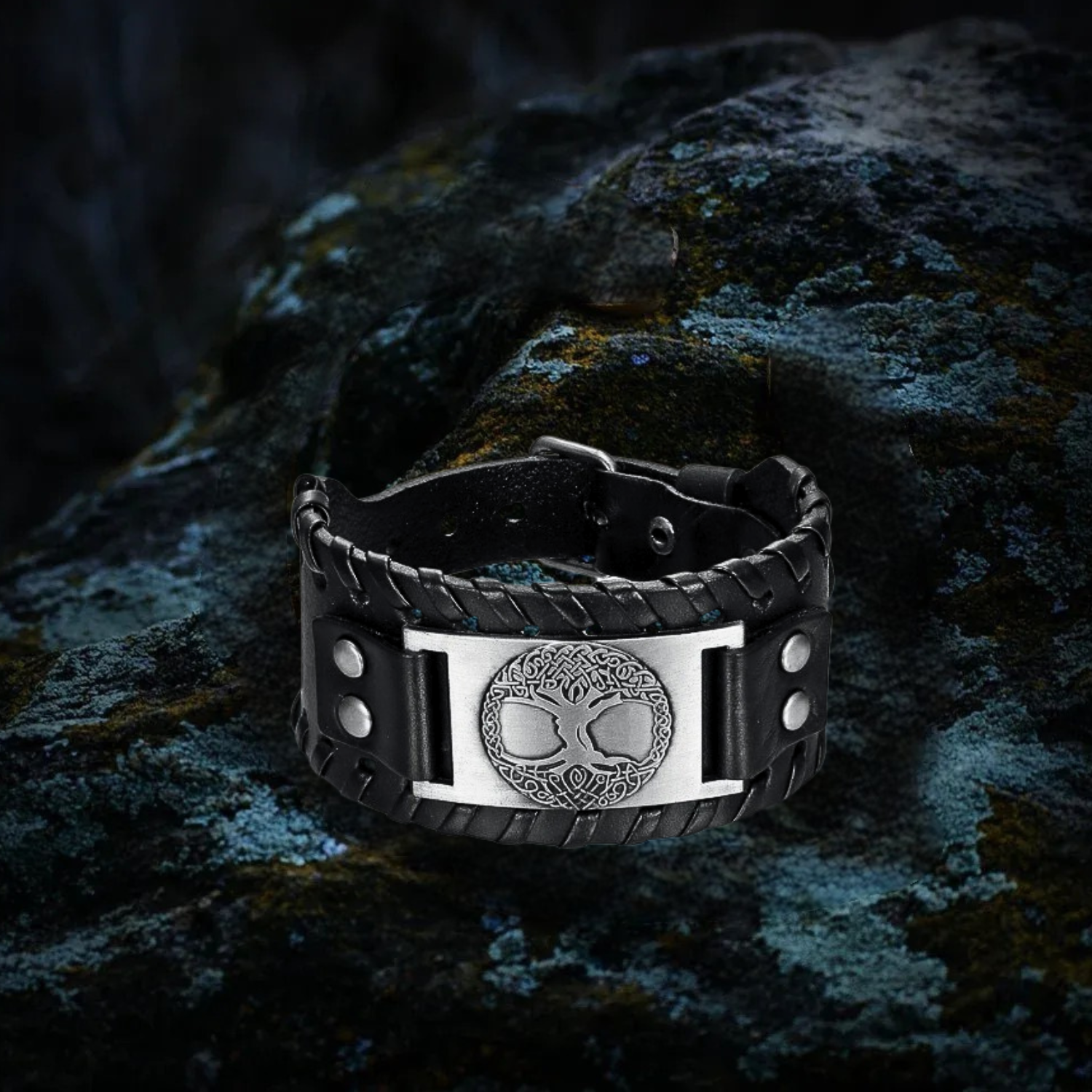 Bracelet de force viking arbre de vie noir argent Bracelet de force viking arbre de vie noir argent