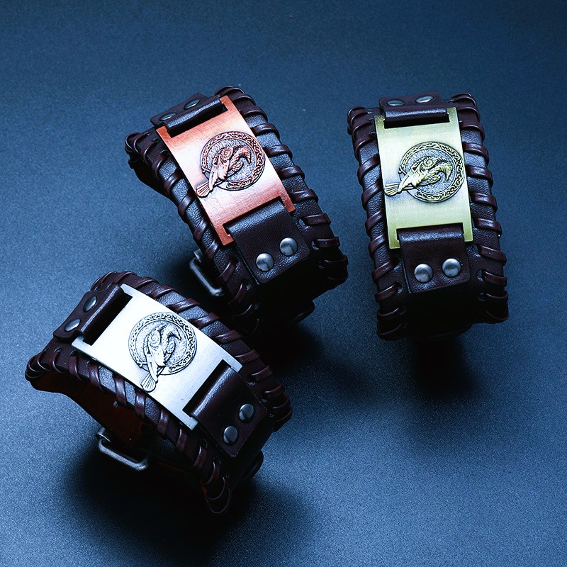 Bracelets vikings cuir corbeaux marrons Bracelets vikings cuir corbeaux marrons