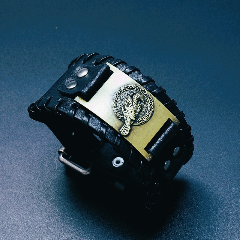 Bracelet viking cuir corbeaux noir bronze Bracelet viking cuir corbeaux noir bronze