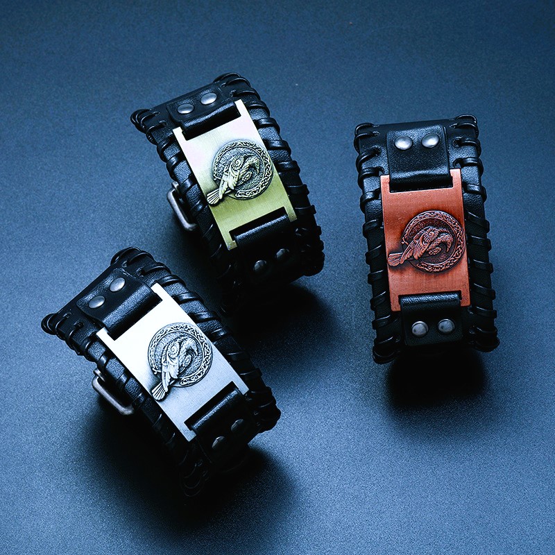 bracelet-viking-cuir-corbeaux-noirs Bracelets vikings cuir corbeaux noirs