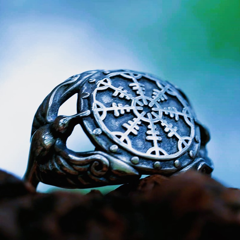Bague viking compas d’Odin Vegvisir corbeaux Bague viking compas d’Odin Vegvisir corbeaux