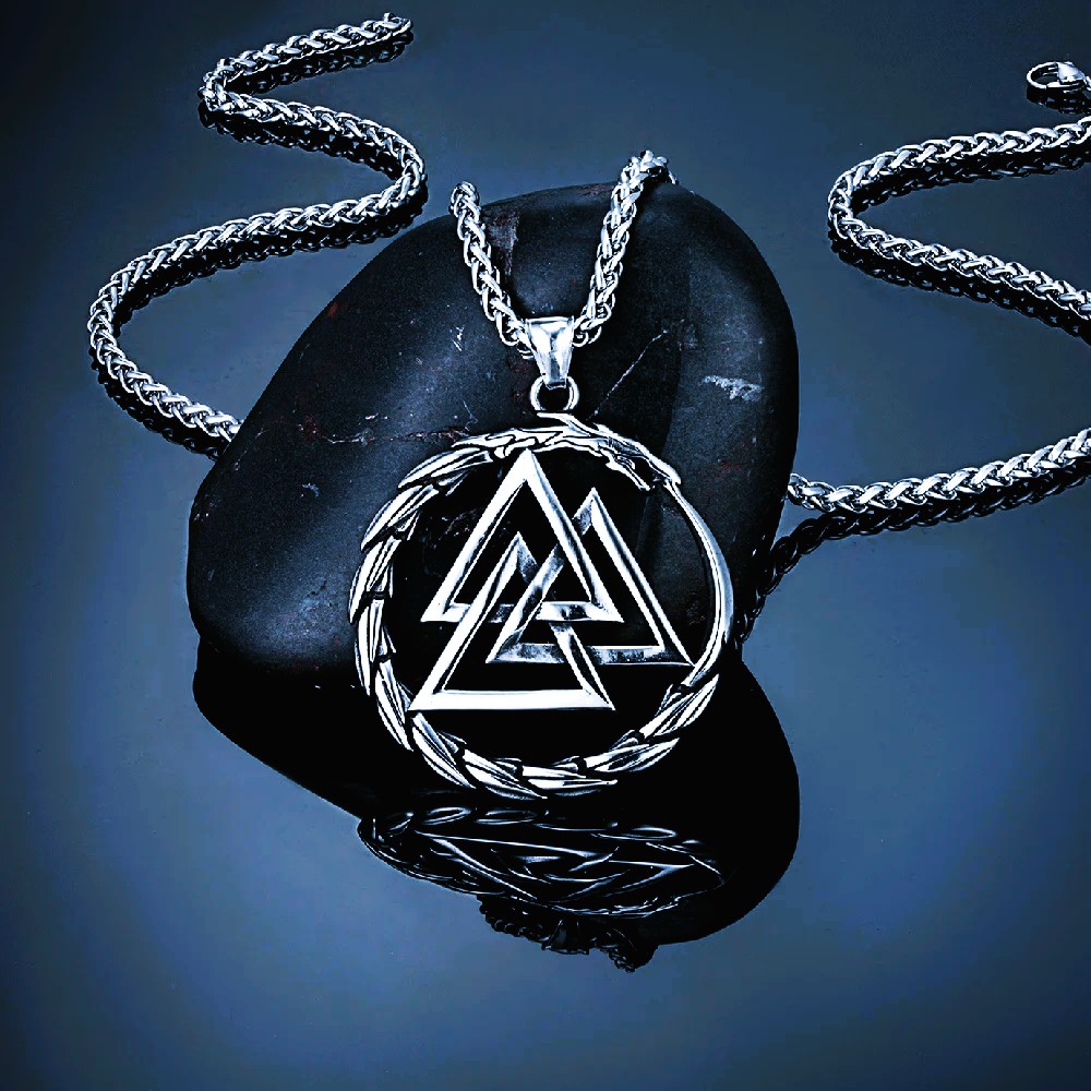Collier viking dragon Valknut argent acier Collier viking dragon Valknut argent acier
