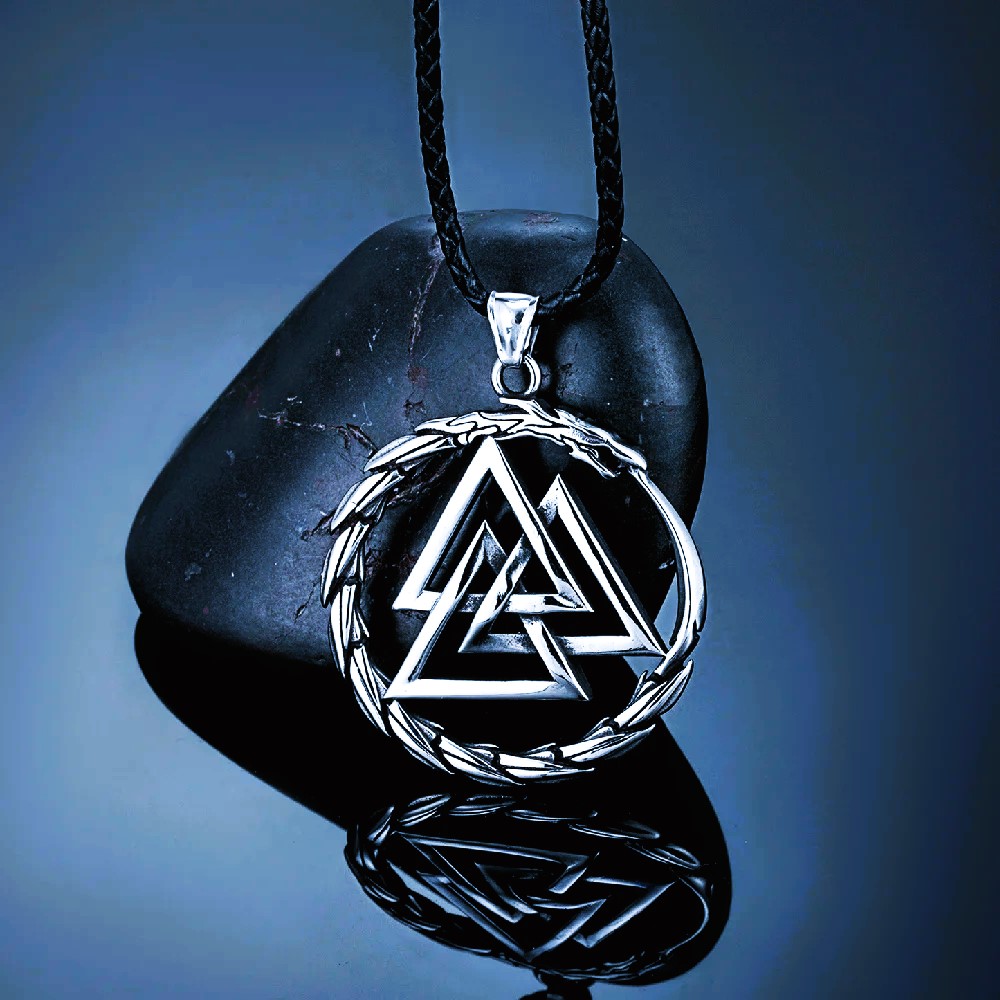 Collier viking dragon Valknut cuir argent Collier viking dragon Valknut cuir argent