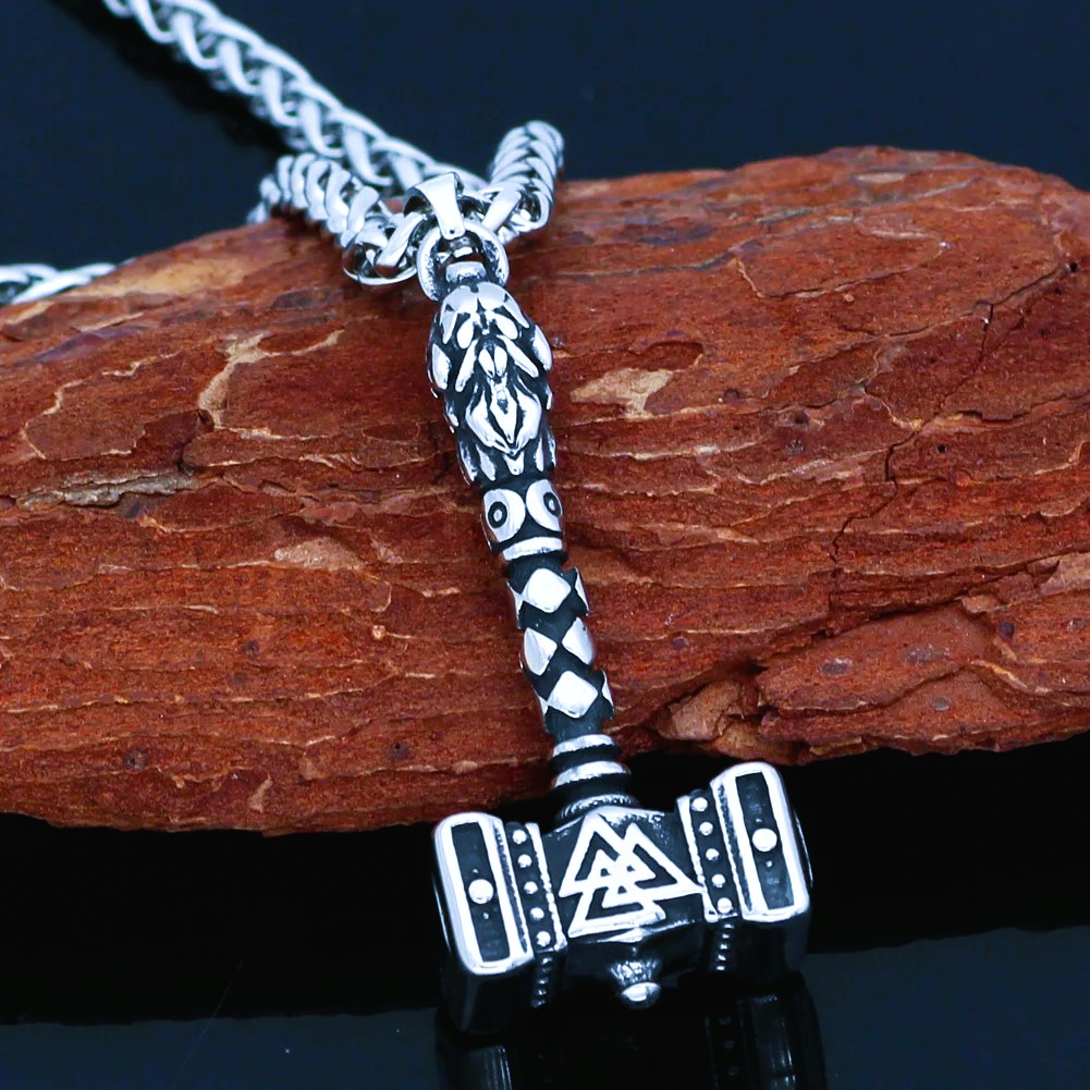 Collier viking marteau Valknut Mjolnir corbeaux d'Odin Collier viking marteau Valknut Mjolnir corbeaux d'Odin