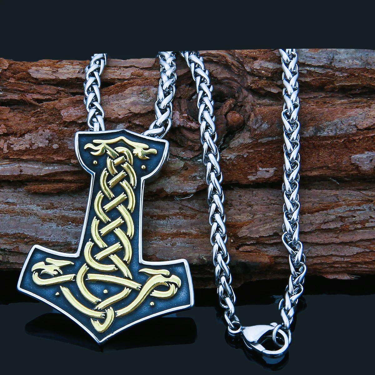 Collier viking nordique Mjolnir et corbeaux d'or Collier viking nordique Mjolnir et corbeaux d'or